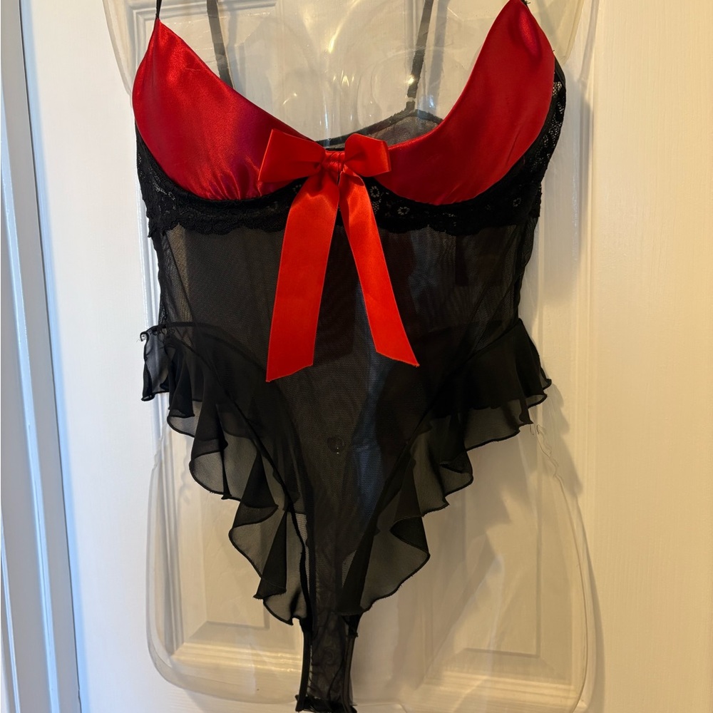 Red and Black Sheer Chemise with Ruffled Hem